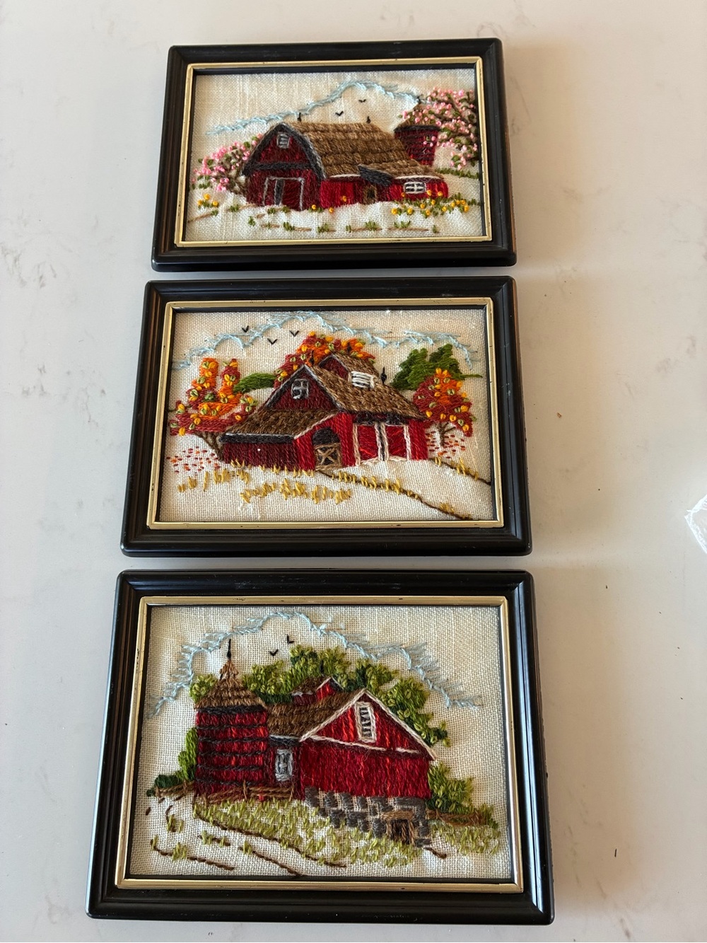 Vintage Hand-Embroidered Red Barn Wall Art Set - 3-Piece
